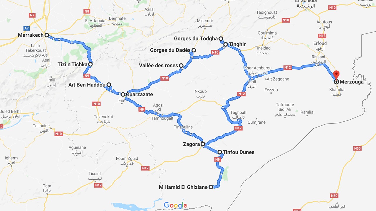 carte itinéraire le Maroc en van - de Ouarzazate à Merzouga